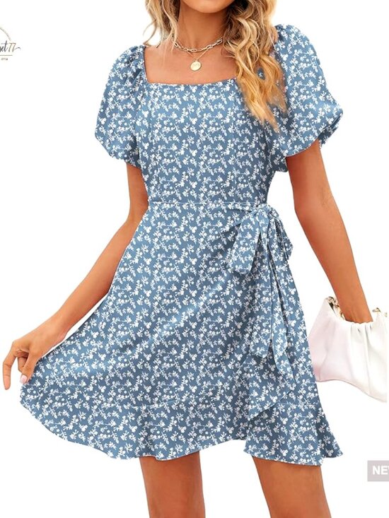 Dresses & Skirts - Puff Sleeve Square Neck Tie Waist Mini Dress Lightweight Chiffon